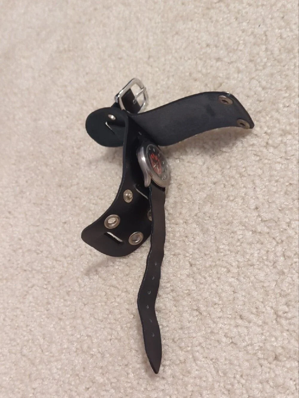 Vintage Black Leather Strap Watch with Red Spitfire Flame Logo